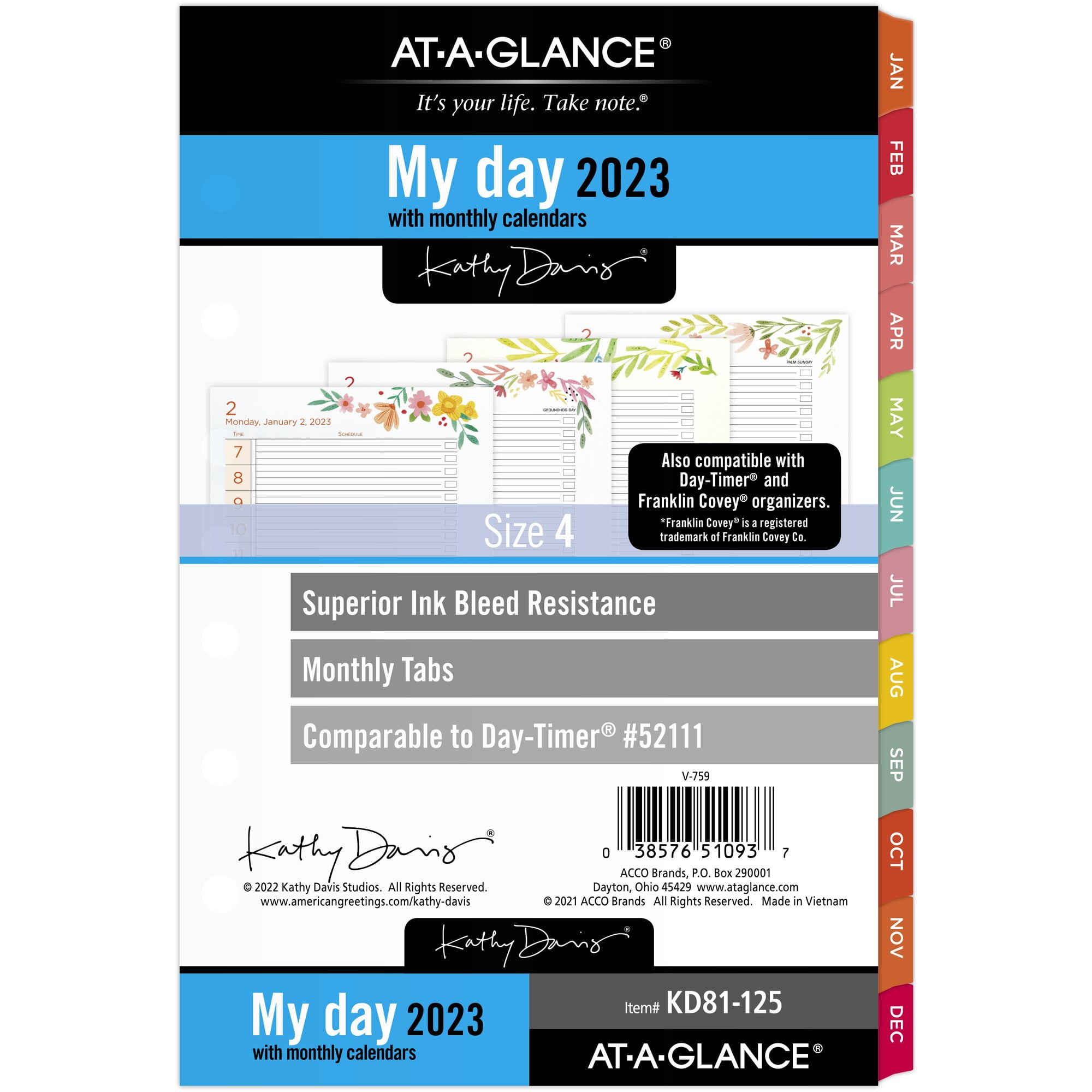 AT-A-GLANCE Kathy Davis 2023 Daily Monthly Planner Refill Loose-Leaf Desk Size 5