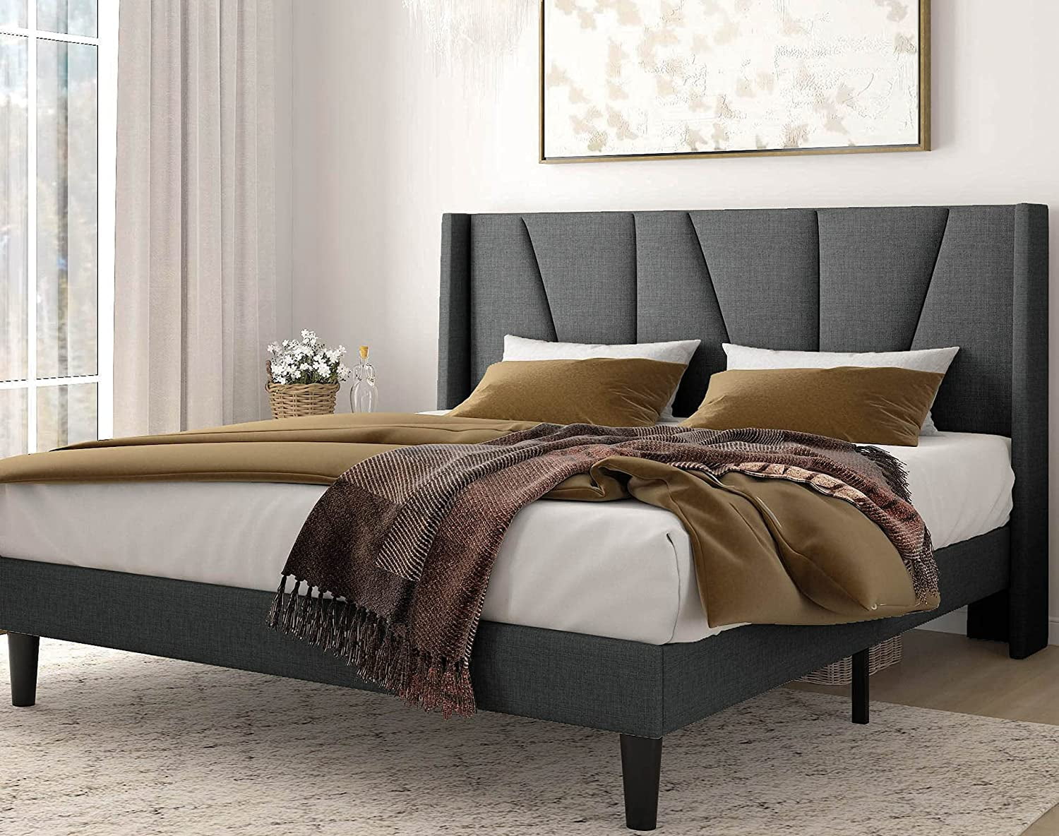 Upholstered Platform Bed Frame, Grey Queen Size Bed Frames