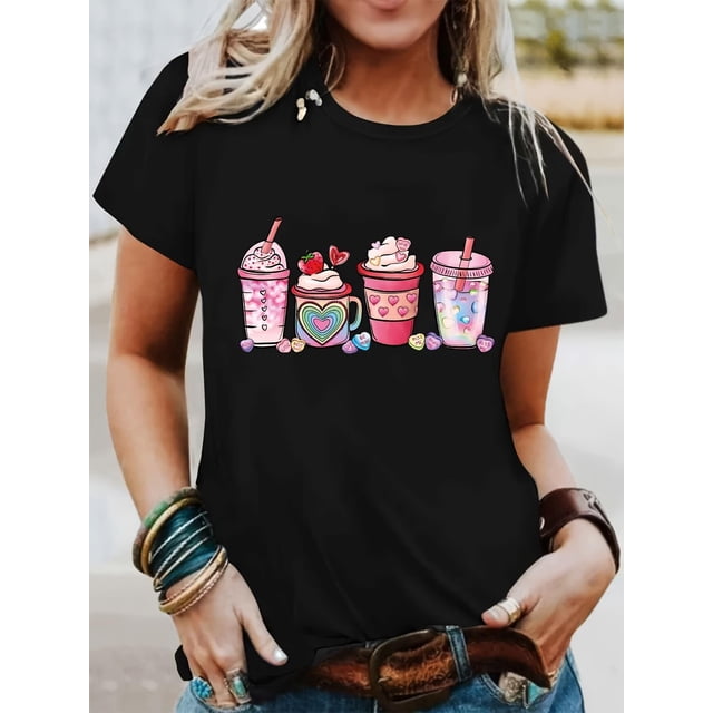 Valentine's Day Heart Drink Print T-shirt, Short Sleeve Crew Neck Casual Top for Summer & Spring, Women's Clothing Tee For Adult, Men, Women, Teen, Teenager, Adolescent, Youth