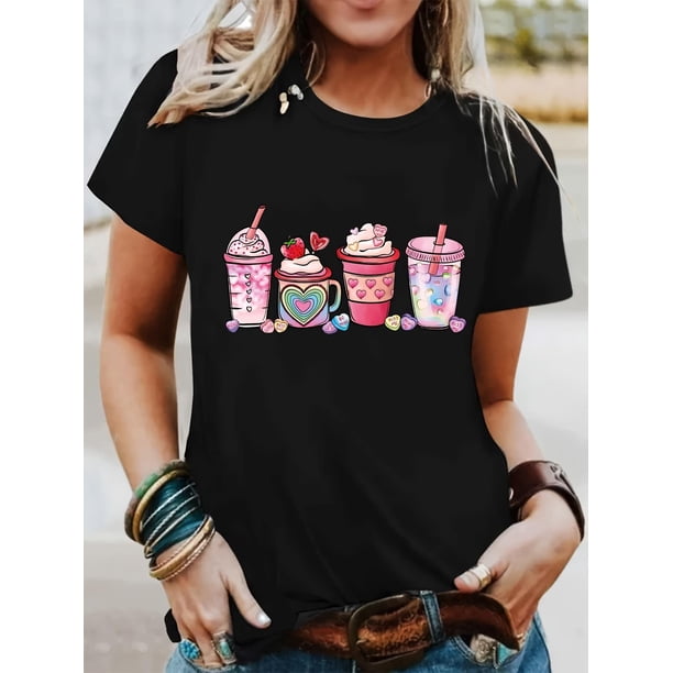 Camiseta con estampado de corazón y bebida para San Valentín, manga corta, cuello redondo, informal, para verano y primavera, para mujer, para adultos, hombres, mujeres, adolescentes, jóvenes.