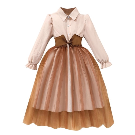 Gfyviroh Girls Dresses Puff Sleeve Patchwork Tulle Midi Dresses Trendy Button Front Dresses,Size 8-13 Years