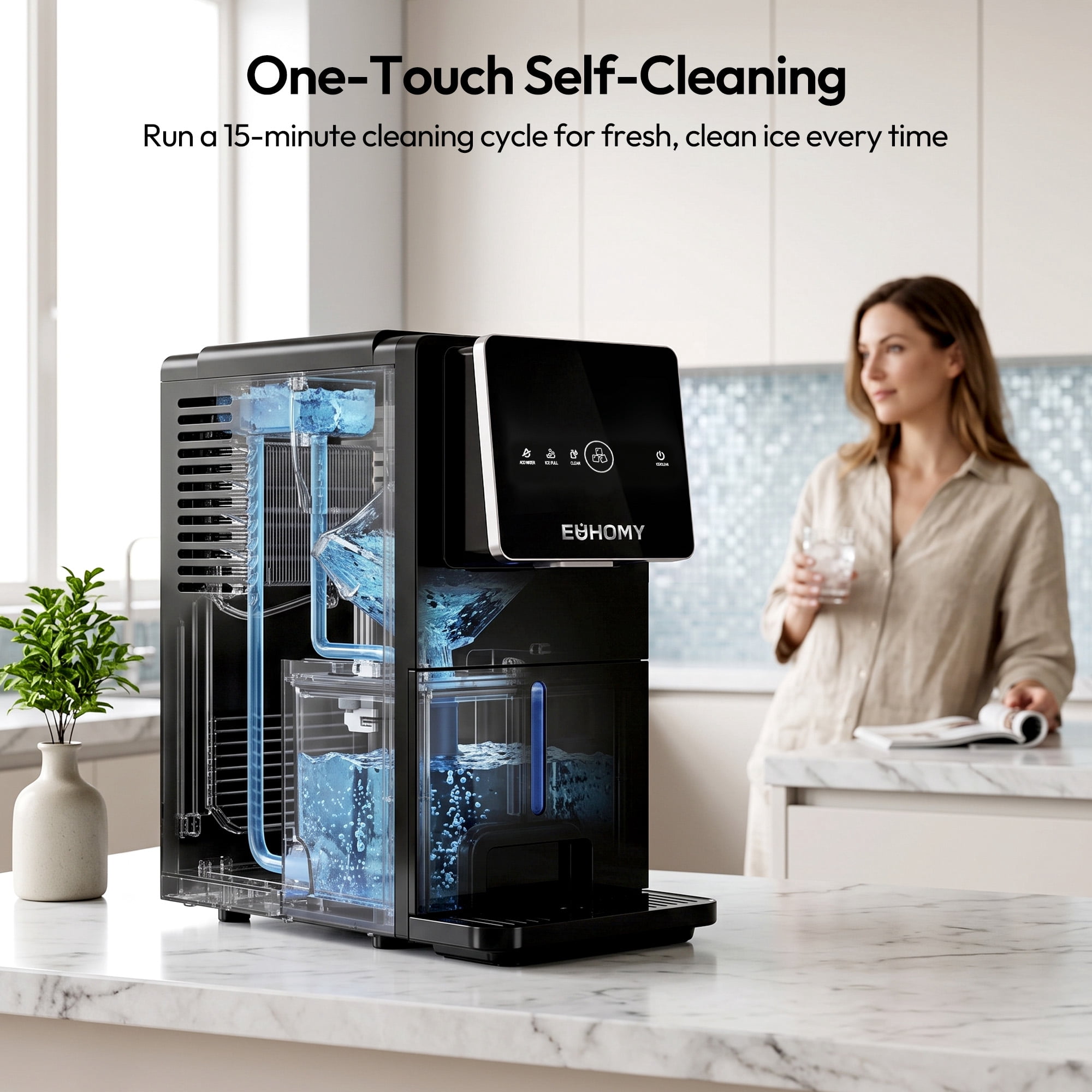 EUHOMY Countertop Nugget Ice Maker,40 lbs/24H，On-Demand Dispensing, Self-Cleaning with Drip Tray, Black