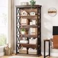 thumbnail image 2 of 6-Tier Industrial Etagere Bookcase - 70.87 Inch X Pattern Metal Wood Storage Shelf for Home Office Decor (Black), 2 of 5