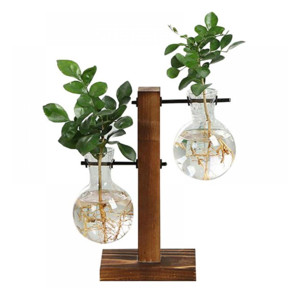 Hanging Glass Flower Vase Terrarium Plant Hydroponic Pot Decor with Wooden Stand 