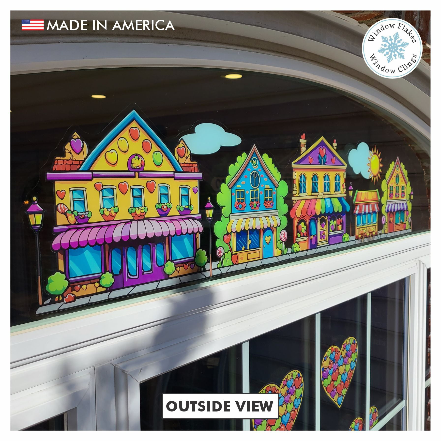 46" Valentine Street Scene Border Window Cling Decal. Part of the Rainbow Colors Candyland Bubblegum Collection. Made in America.