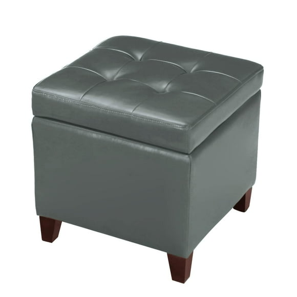 Adeco Bonded Leather Square Tufted Cubic Cube Storage Footstool, 18" Inch Ottomans & Storage Ottomans, With Lid, Dim Gray