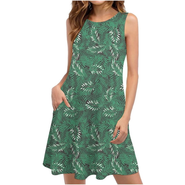 Fankiway Robes d'Été Femmes Plage Floral Sans Manches Robe d'Été Décontractée Poches Robe Bohème Robes d'Été pour Femmes Robes Sans Manches pour Femmes Grande Taille