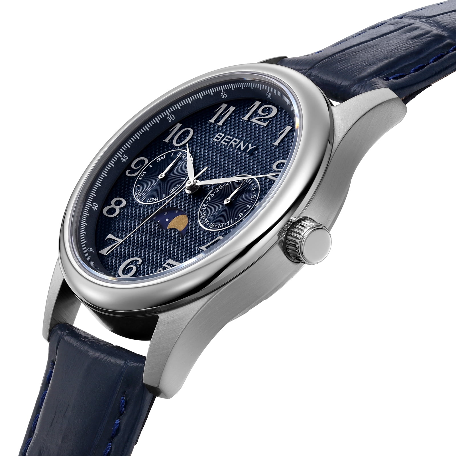 BERNY Dress Watches for Men, MultiFunction Leather Watch with Moon Phase, Day & Date Calendar, Stainless Steel Case, Easy to Read, Waterproof, Classic Analog Quartz Wrist Watch (Blue)