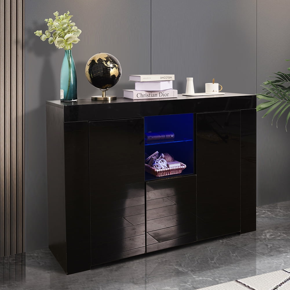 Kadyn Kitchen Sideboard Cupboard, Accent Storage Cabinet with LED Light, High Gloss Buffet Storage Cabinet with Drawer and 2 Doors, Balck Kadyn Kitchen Sideboard Cupboard, Accent Storage Cabinet with LED Light, High Gloss Buffet Storage Cabinet with Drawer and 2 Doors, Balck
