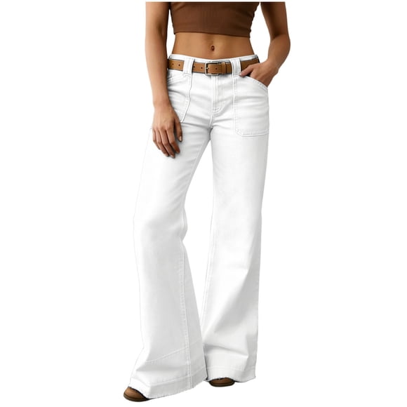 FRSASU Wide Leg Jeans for Women Mid Waist Baggy Straight Leg Denim Washed Pants (without Belt) White M(M)