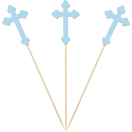 Blue Christening Cross Centerpiece Sticks, 12-Pack Table Topper Gold Bless Baptism Baby Shower Party Decorations