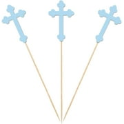 Blue Christening Cross Centerpiece Sticks, 12-Pack Table Topper Gold Bless Baptism Baby Shower Party Decorations