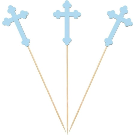 Blue Christening Cross Centerpiece Sticks, 12-Pack Table Topper Gold Bless Baptism Baby Shower Party Decorations