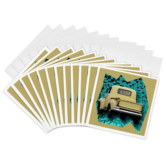 3drose, an Old Yellow Truck on a Pattern of Green Extrusions on Gold, 12 Greeting Cards with Envelopes