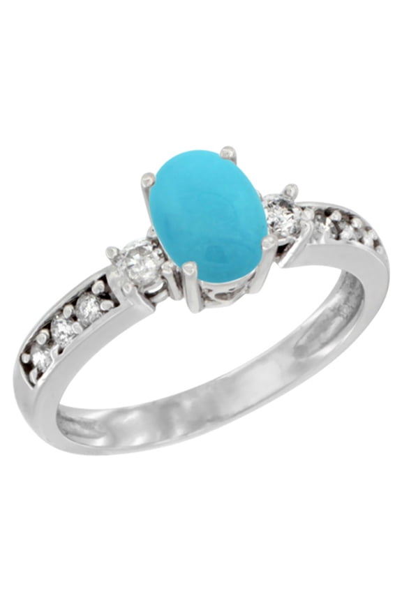 14K White Gold Natural Turquoise Ring Oval 7x5 mm Diamond Accent, size 7.5