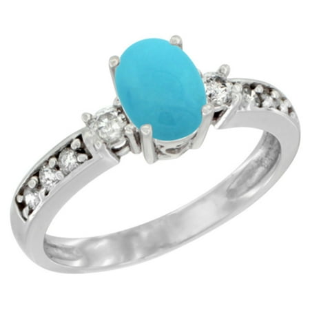 14K White Gold Natural Turquoise Ring Oval 7x5 mm Diamond Accent, size 7