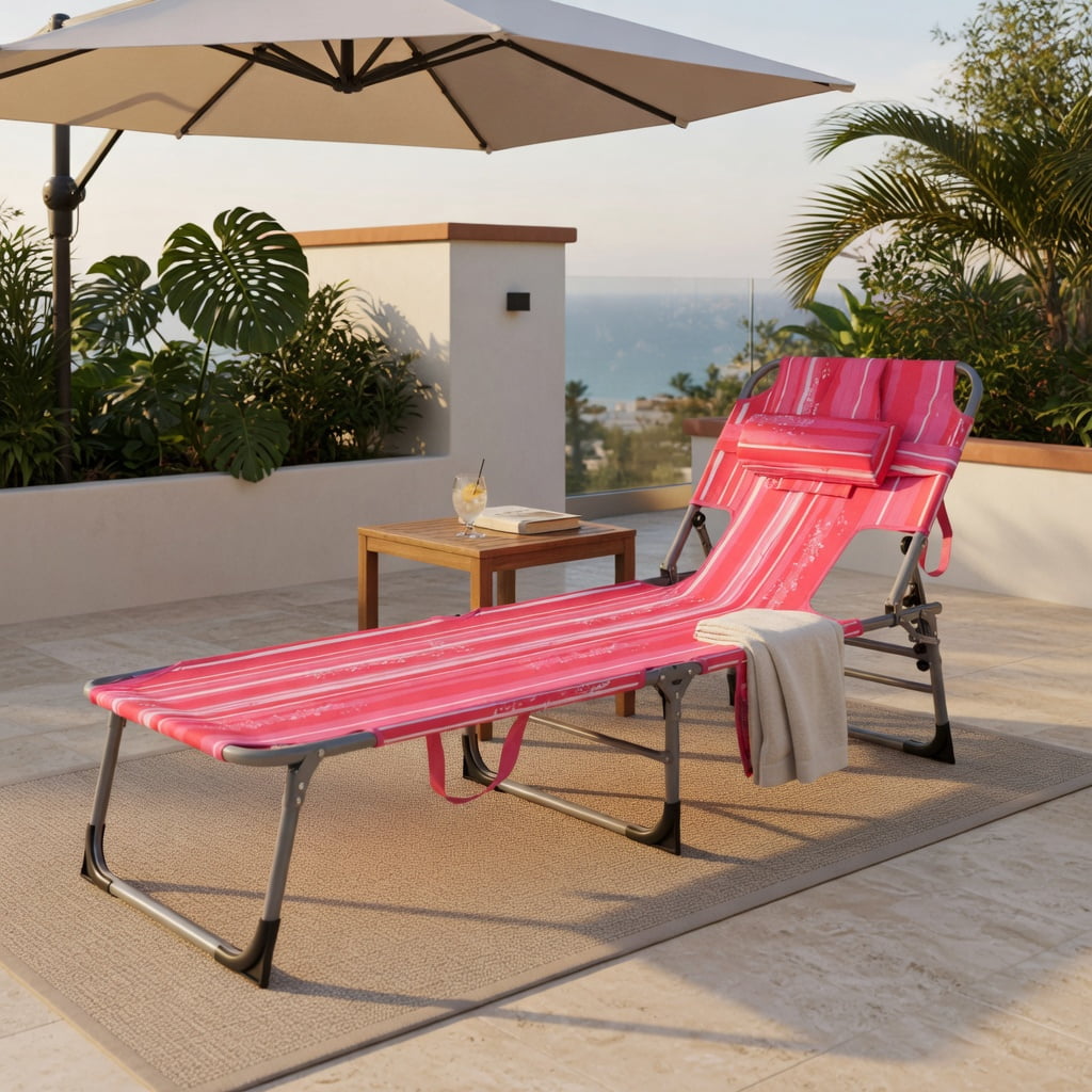 Hommoo Premium Foldable Beach Lounge Chair with Removable Pillow, Adjustable Reclining Outdoor Lounger for Beach, Pool & Patio, Pink