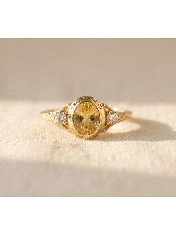 Vintage-Style Oval Yellow Stone & Diamond Accents Ring in 14K Yellow Gold, Customized Engraved College/University Ring (UNC Wilmington Design)