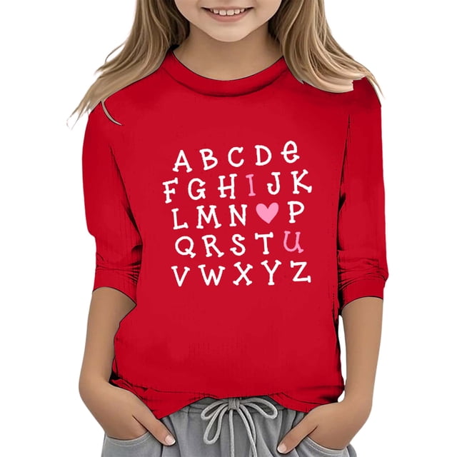 Sunnyoo T-Shirt Col Rond Manches 3/4 pour Grandes Filles, Imprimé Lettres, T-Shirt Décontracté, Tailles 3-14