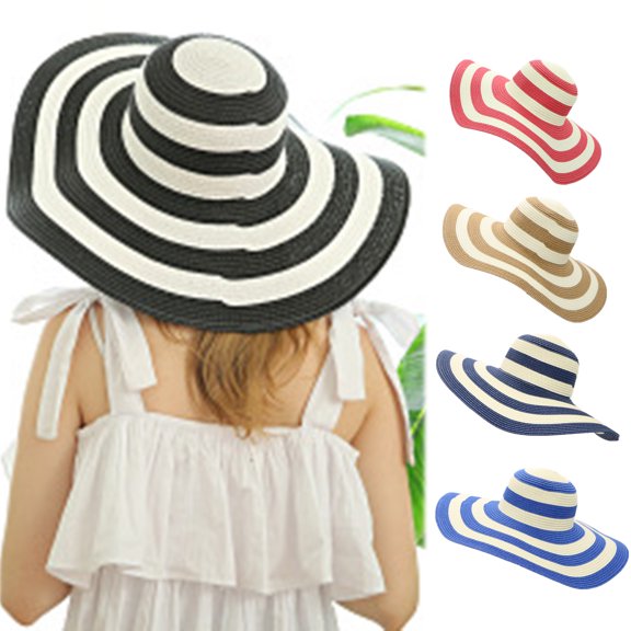 Walbest Summer Women Braid Fabric Sun Hat Foldable Wide Brim Stripe Contrast Color Bucket Hat Holiday Beach Hat