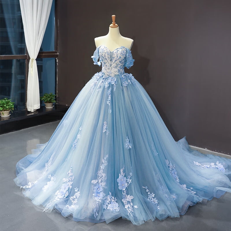 sachin and babi light blue dress Blue Sweetheart Neck Tulle Lace Long Prom Dress, Blue Evening Dress –  shopluu main image 0