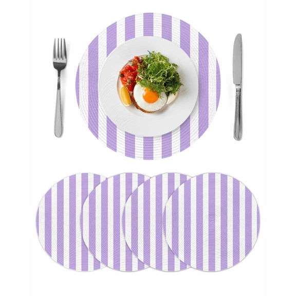 Purple Striped Round 13 Inch Placemats Set of 4, Modern Farmhouse Purple White Stripes HeatResistant Non Slip Place Mats for Dining Table, Wipeable Braided Kitchen Table Mats for Housewarming