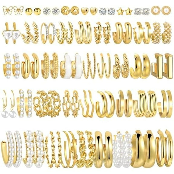 ZC42 Pairs Gold Hoop Earrings Set for Women, Fashion Chunky Pearl Earrings Multipack Twisted Statement Earring Pack, Hypoallergenic Small Big Hoops Earrings for Birthday Party
