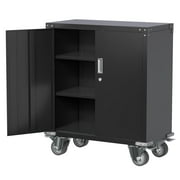 AOBABO Metal Storage Cabinet with Wheels,Lockable Storage Cabinet with 2 Adjustable Shelves,Metal Utility Cabinet for Garage,35.4 Inches,Assembly Required,Black