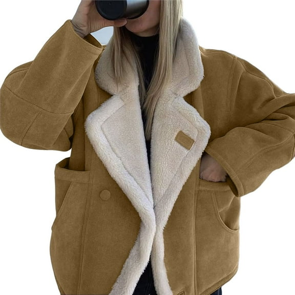 Women Oversized -Lined Leather Faux Suede Fleece Coat Winter Biker Aviators Jacket Overcoat Khaki L