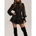 thumbnail image 4 of Women's Floral Long Puff Sleeve Dress Chiffon Mock Neck Tie Waist Ruffle Layered Mini Dresses, 4 of 8