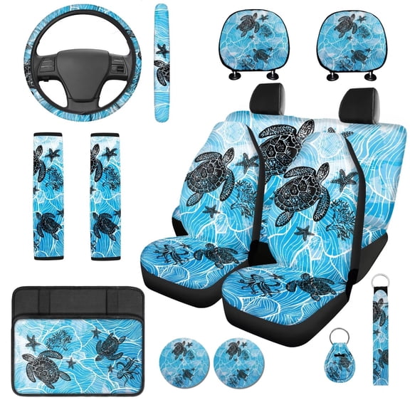 Uorisanigo Hawaii Turtle 14 Pieces Car Seat Covers Full Set with Auto Steering Wheel Cover Cars Headrest Cover Cars Console Cover Seat Belt Pads Keychain Comfortable Fashion Soft Fit Car SUV