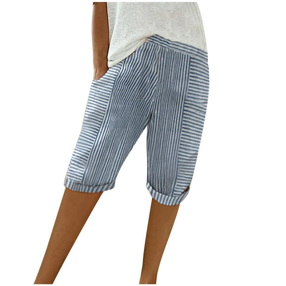 Womens Capris Women's Summer Woven Jac Quard Striped Patchwork Loose Casual Capris