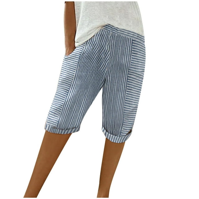 Birdeem Capris Décontractés d'Été Tissés pour Femmes, Patchwork Rayé Jac Quard