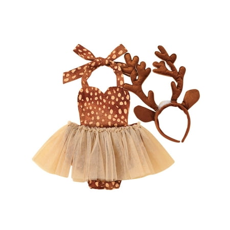 

Cathery Infant Baby Girl Christmas Outfits Deer Romper Bodysuit Elk Jumpsuit Tulle Dress Antlers Headband Set