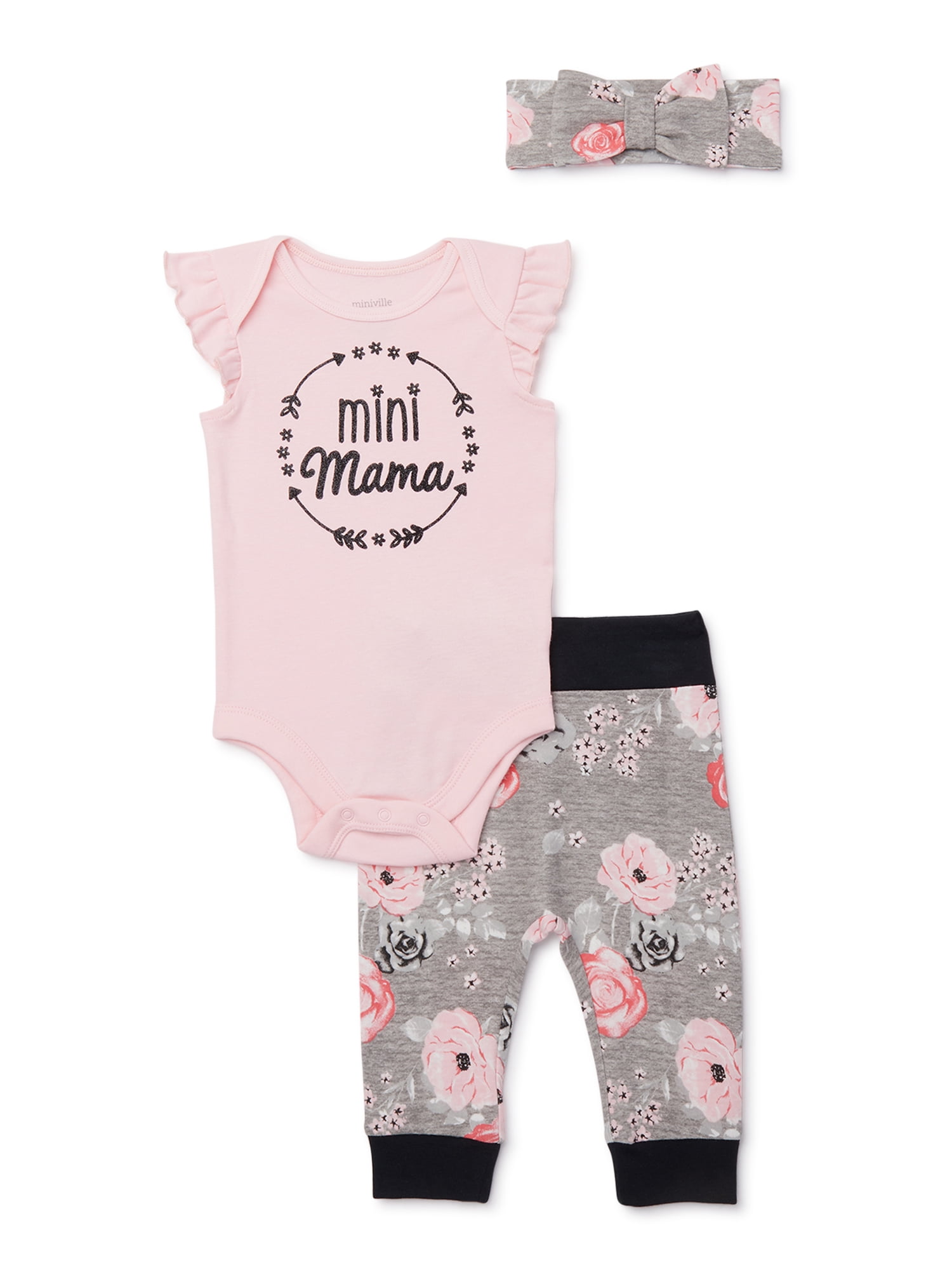 Miniville Baby Girl Mini Mama Bodysuit, Pant & Headband Outfit, 3-pc Set, Size 0-18M