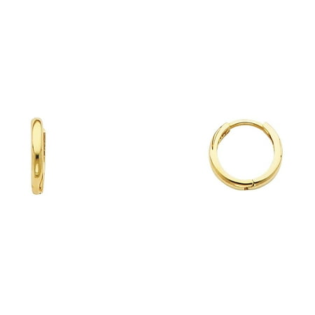 Pave Huggie Hoop 14k Solid Italian Yellow Gold Plain 2 mm Small Huggies Hoop Earrings 10 mm Diameter ()