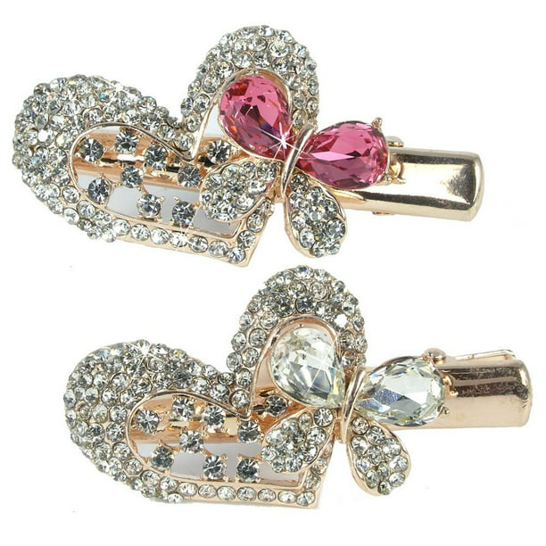 Jeweled Heart & Butterfly Hair Clips Gold Metal with Decorative Pink Clear  Rhinestone Crystals - Set of 2, SET of 2 Gold metal heart & butterfly  shaped hair clips..., By Banberry Designs 
