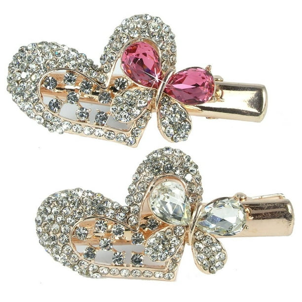 Jeweled Heart & Butterfly Hair Clips Gold Metal with Decorative Pink Clear Rhinestone Crystals - Set of 2, SET of 2 Gold metal heart & butterfly shaped hair clips..., By Banberry Designs Jeweled Heart & Butterfly Hair Clips Gold Metal with Decorative Pink Clear Rhinestone Crystals - Set of 2, SET of 2 Gold metal heart & butterfly shaped hair clips..., By Banberry Designs