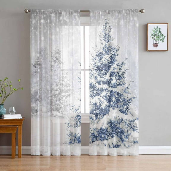 Christmas Tree Sheer Curtains 72 Inches Long, Blue Tree Xmas Snowflake Winter Light Filtering Window Curtains for Living Room/Bedroom, Rod Pocket Voile Sheer Curtain Drapes, 52"W x 72"L, 2 Panels