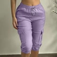 thumbnail image 2 of Ecqkame Women Cargo Half Shorts Pants High Waisted Stretchy Five Quarter Pants Summer Solid Color Pants with Pockets Purple XL, 2 of 9
