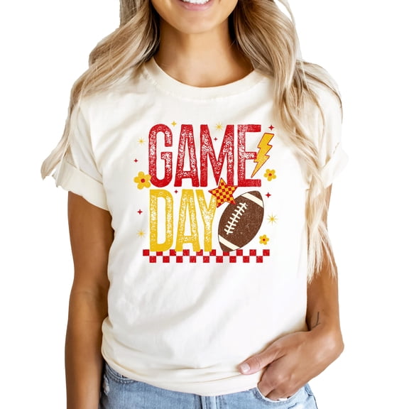 Trendy Game Day Shirt and Bodysuit Red and Yellow Football T-Shirt for Women, Kids, and Baby Natural Shirt Adult Medium