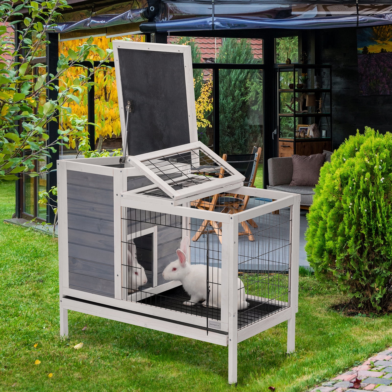 PETSFIT Guinea Pig House Leak Proof Design, Spruce Wood Rabbit Hutch with Bottom Net Hideout for Rest and Ramp for Enter and Out Solid Gray