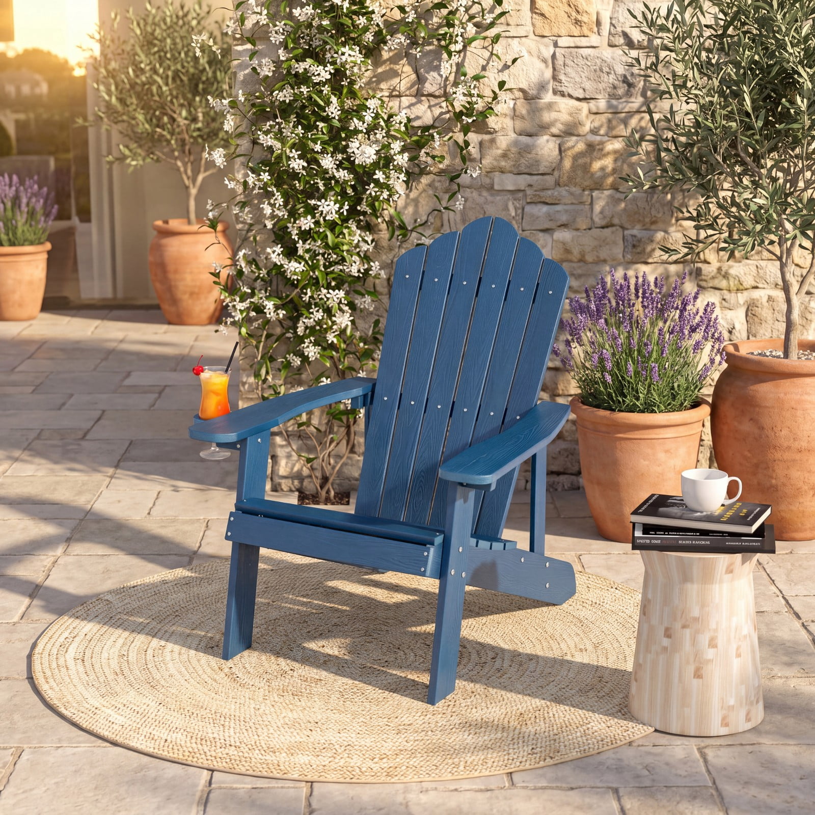 Furnibear Weather Resistant HIPS Outdoor Adirondack Chair with Hidden Cup Holder and High Backrest for Garden Patio and Poolside, Navy