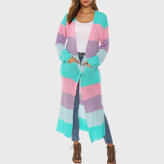 Fartey Long Cardigan Sweaters for Women Fashion Colorblock Open Front Knit Sweater Loose Fit Long Sleeve Coat Fall Winter Outdoor Casual Warm Outwear with Pockets