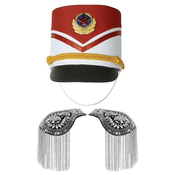Aislor Drumband Top Hat Orchestra Commander Hat Tassel Epaulet Shoulder Boards Uniform Accessories Silver&Type C One Size