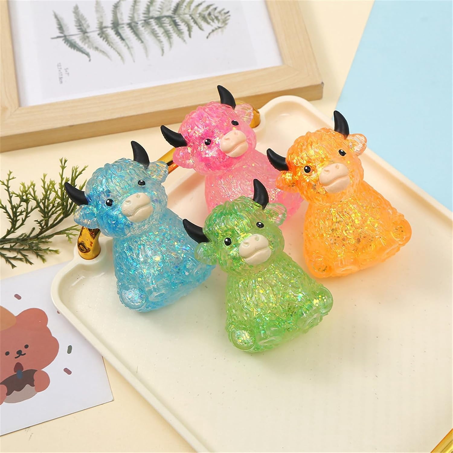 Glitter Highland Cow Fidget - Soft Slow Rising Stress Ball, Sparkly Squeeze for Adults, Cute Cow Lover