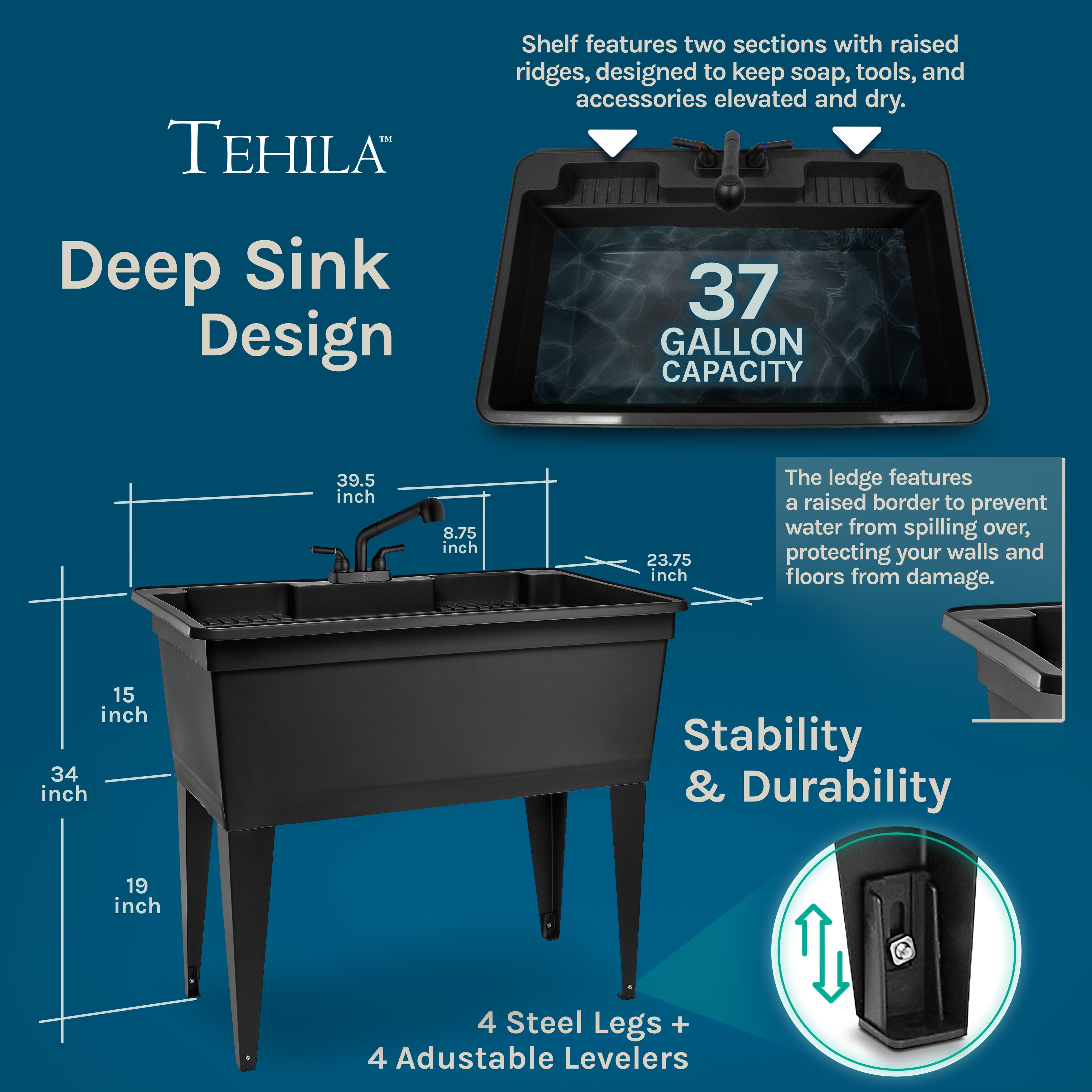 Tehila 37 Gallon Freestanding Black Double Wide Utility Sink with Steel Legs and Black Pull-Out Faucet