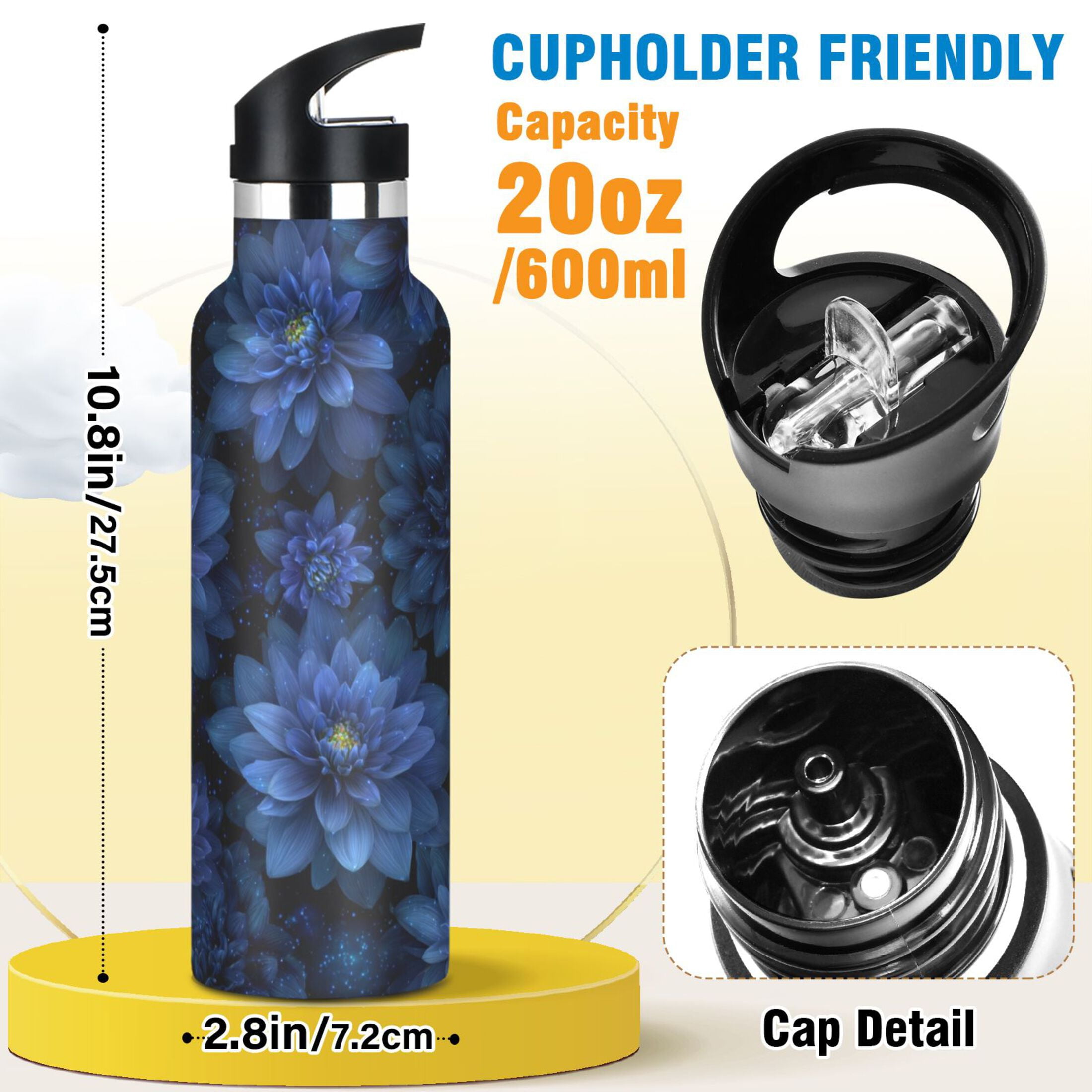 Kids Insulated Stainless Steel Sports Water Bottle 600ml (20oz) Deep Blue Flower