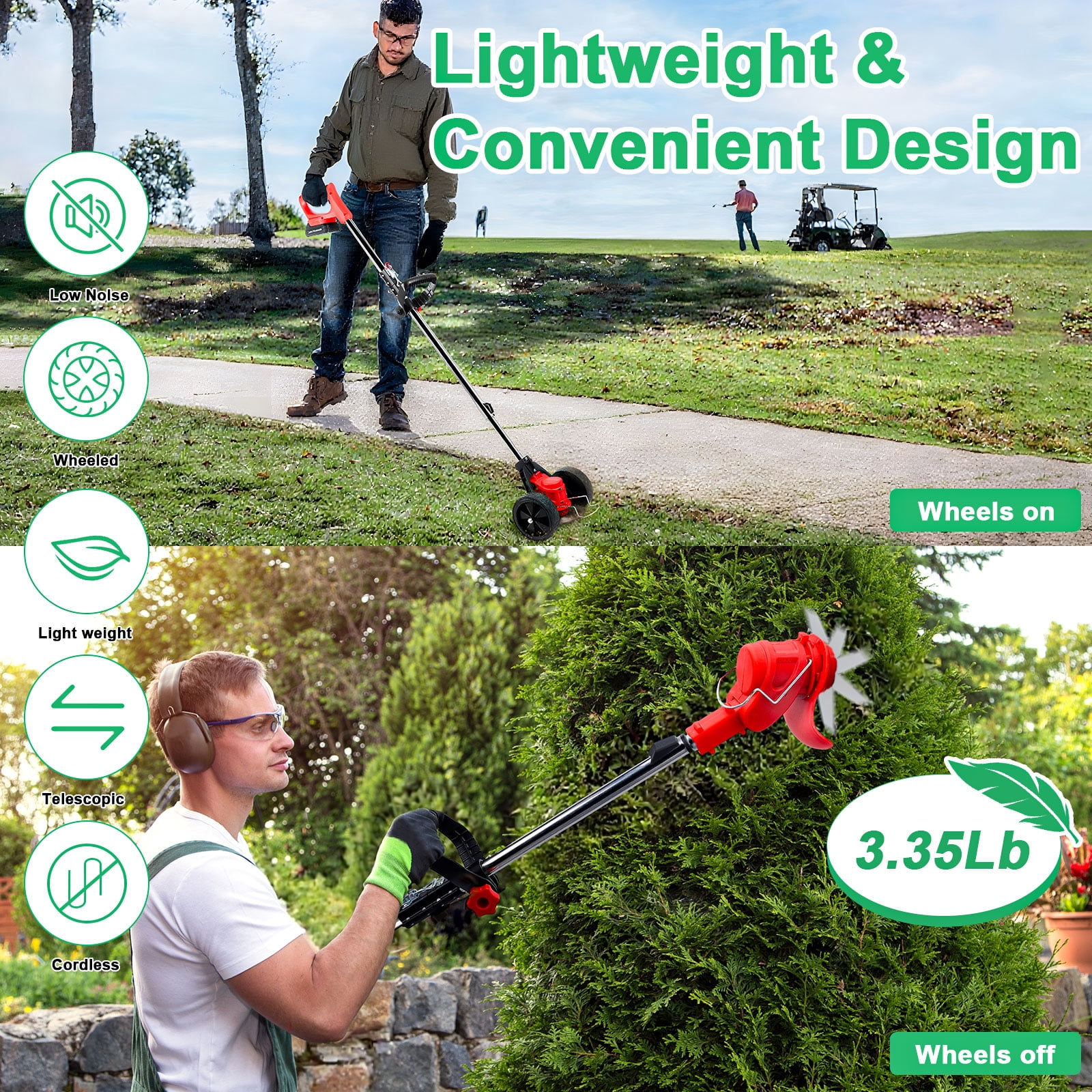 FOUKUS Cordless Weed Wacker Battery Powered - 800W Electric Grass Trimmer Edger Mower with Wheels - Lightweight Brush Cutter Tool for Lawn Care, Women & Elderly