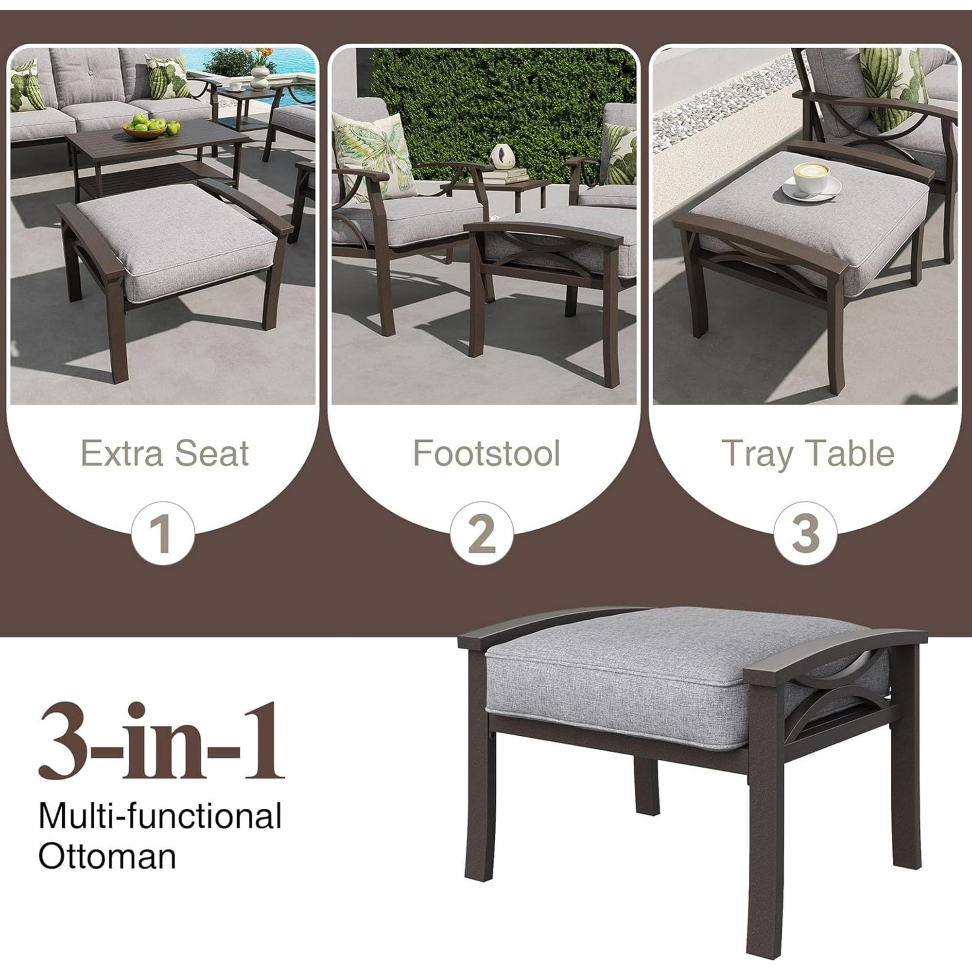 SUNVIVI Outdoor Patio Furniture Set, Patio Conversation Set with Coffee Table Side Table and Ottomans, Metal Furniture Set for Porch Backyard Garden